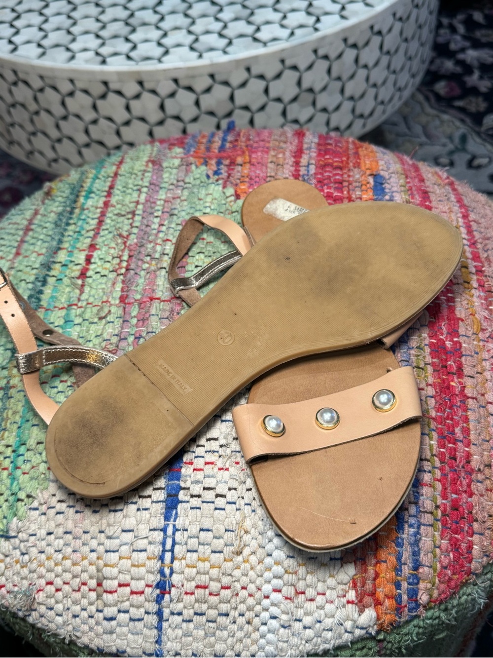 Authentic Handmade Leather Sandals (purchased in ROME, Italy) Nude Pearl-Stud - Picture 5 of 5